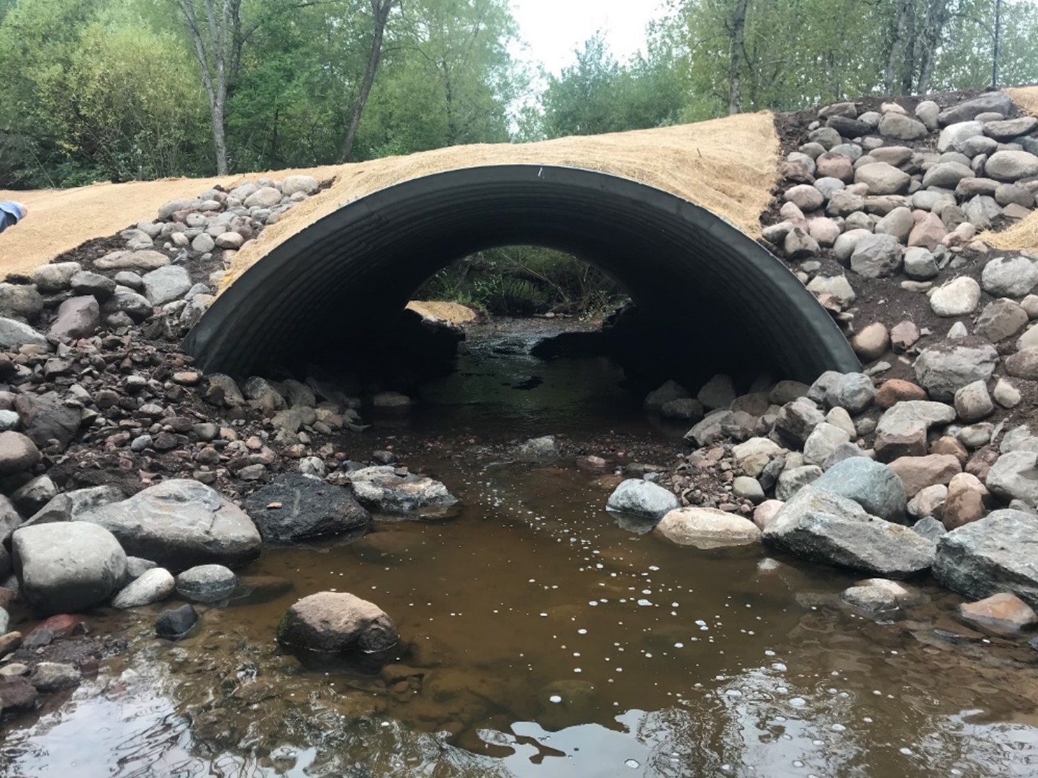 A stream passes underneath a large culvert with rocks piled on either side and dirt overtop.